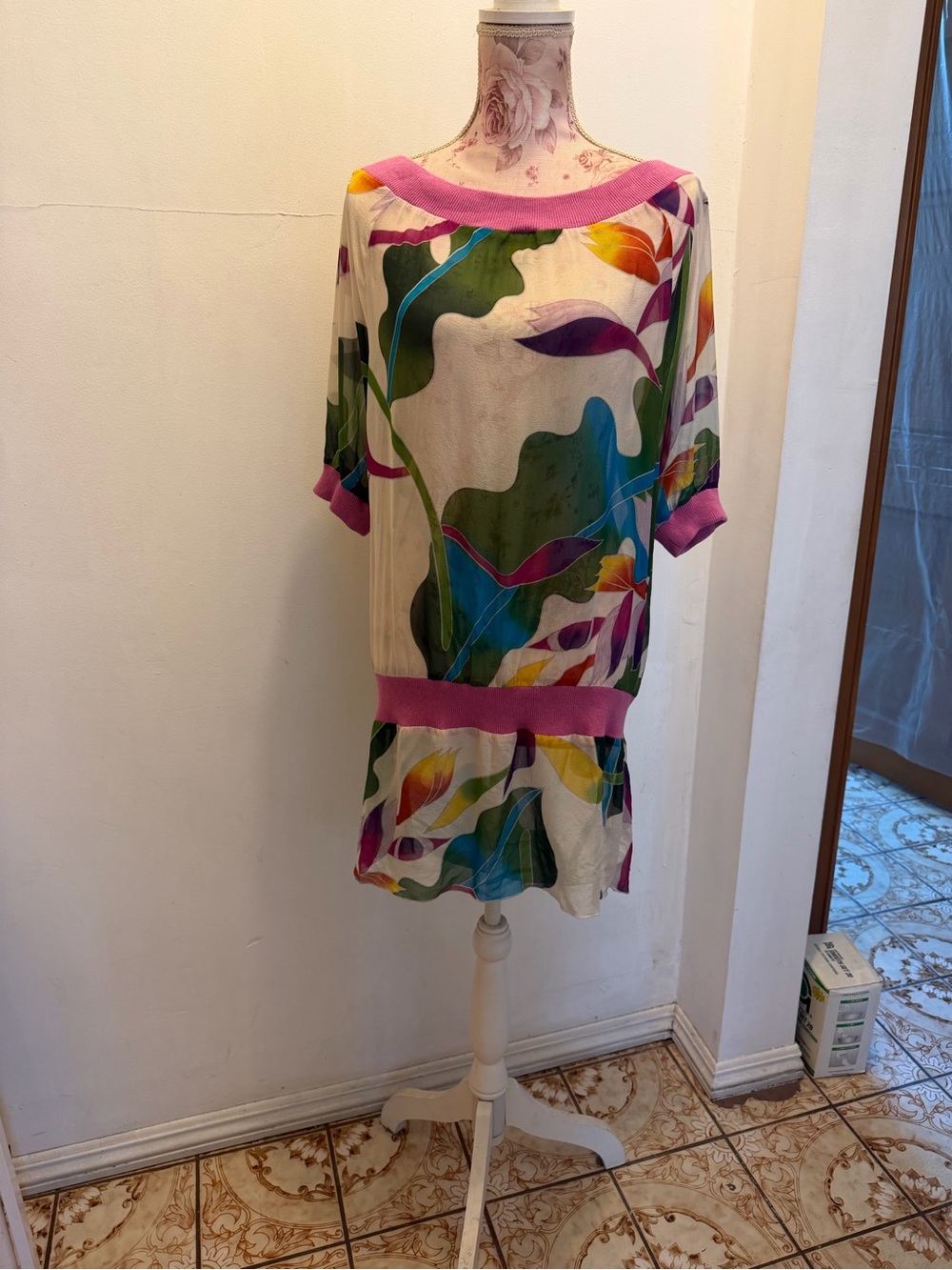 Anna Sui Pink Trim Floral Neckline Dress Top